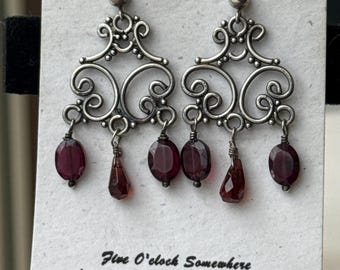 Valentine Drops - Garnet and Sterling Silver Chandelier Earrings with Ornate Scrollwork
