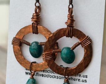 The Bandy - Hand-Hammered Copper Hoop Earrings with Wire-Wrapped Chrysoprase and Faceted Dangles