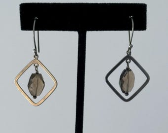 Faceted Smoky Quartz Geometric Earrings - Sterling Silver Diamond Frame Dangles