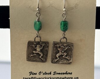 Frog Landing Earrings - Handmade Fine Silver Frog Charms on Sterling Silver Ear Wires with Green Stone Accents