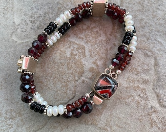 Aglianico Bracelet - Garnet, Pearl & Onyx Sterling Silver Bracelet