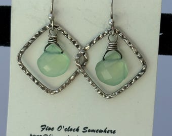 Tranquility Earrings – Mint Green Chalcedony in Hand-Hammered Sterling Silver Squares