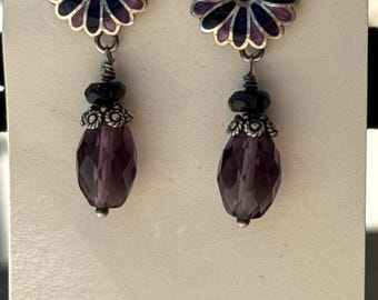 Faceted Amethyst and Onyx Purple Flower Earrings, Sterling Silver Posts, Amethyst Healing & Protection Jewelry
