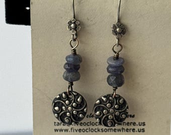 Twilight Blooms - Tanzanite and Fine Silver Earrings - Handmade Oxidized Silver Charms on Sterling Ear Wires