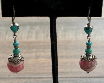 Rhodochrosite & Turquoise Earrings - Five O'clocK Somewhere