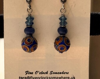 Shangrila - Dumortierite, Enamel Cloisonne, Indian Lampwork beads, Sterling Earrings