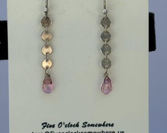 Tickled Pink - Pink Topaz Faceted Pear Briolette and Sterling Silver Disc Dangle Earrings