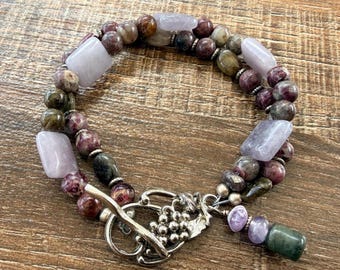 In the Vineyard - Double Strand of Tourmaline and Indian Agate with grapevine toggle bracelet