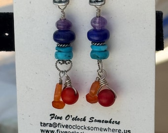 Rainbow Stack Earrings - Amethyst, Lapis Lazuli, Turquoise, Red Coral, and Carnelian on Ornate Sterling Silver Posts