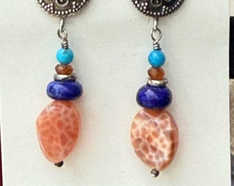 Calico Earrings - Brazilian Agate, Lapis, Carnelian, and Turquoise Dangles with Citrine Sterling Silver Posts