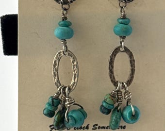 Hand Hammered Sterling Silver Turquoise Drop Earrings, Boho Artisan Jewelry