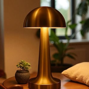 Gold Mushroom Table Lamp: 3-Mode Rechargeable LED Desk Light
