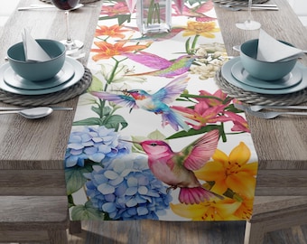 Floral Hummingbird Table Runner - Colorful Cotton/Poly Design, Perfect for Spring Decor, Dining Table, Easter, Housewarming and Parties