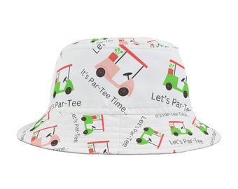 Let&#39;s Par-Tee Bucket Hat (AOP), It&#39;s Party Time funny golf hat, Golf caps, Graphic golf clothing, Cute Summer golf hat,