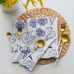 Shell Blue and Gray Cloth napkin set, Coastal Dinner Napkins, Beach lover gift, Seashore Inspired, elegant dinner napkins