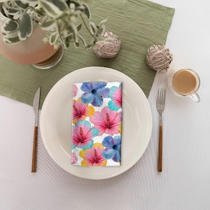Guardanapos de flores de hibisco, conjunto de 4 - decoração de mesa tropical, guardanapo de pano floral, acessórios de cozinha, decoração botânica para casa, verão