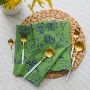 Seashell Cloth napkin set, Coastal green and blue napkins, Ocean inspired, Beach themed decor, Shell lover