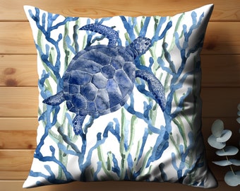 Sea Turtle Square Pillow, Coastal sea coral pillow, coastal Accessories, Nautical throw pillows, Blue and white decor