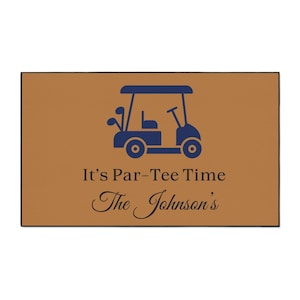 パーソナライズされたゴルフをテーマにした頑丈なフロアマット、It's Par-Tee Timeドアマット、カスタムゴルフカートウェルカムマット、ガレージ用ゴルフカートラグ