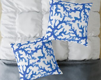 Blue Coral Throw Pillow, Ocean-Inspired Decor, Beach House Accent, Nautical Living Room Cushion, Elegant Coastal Pillow