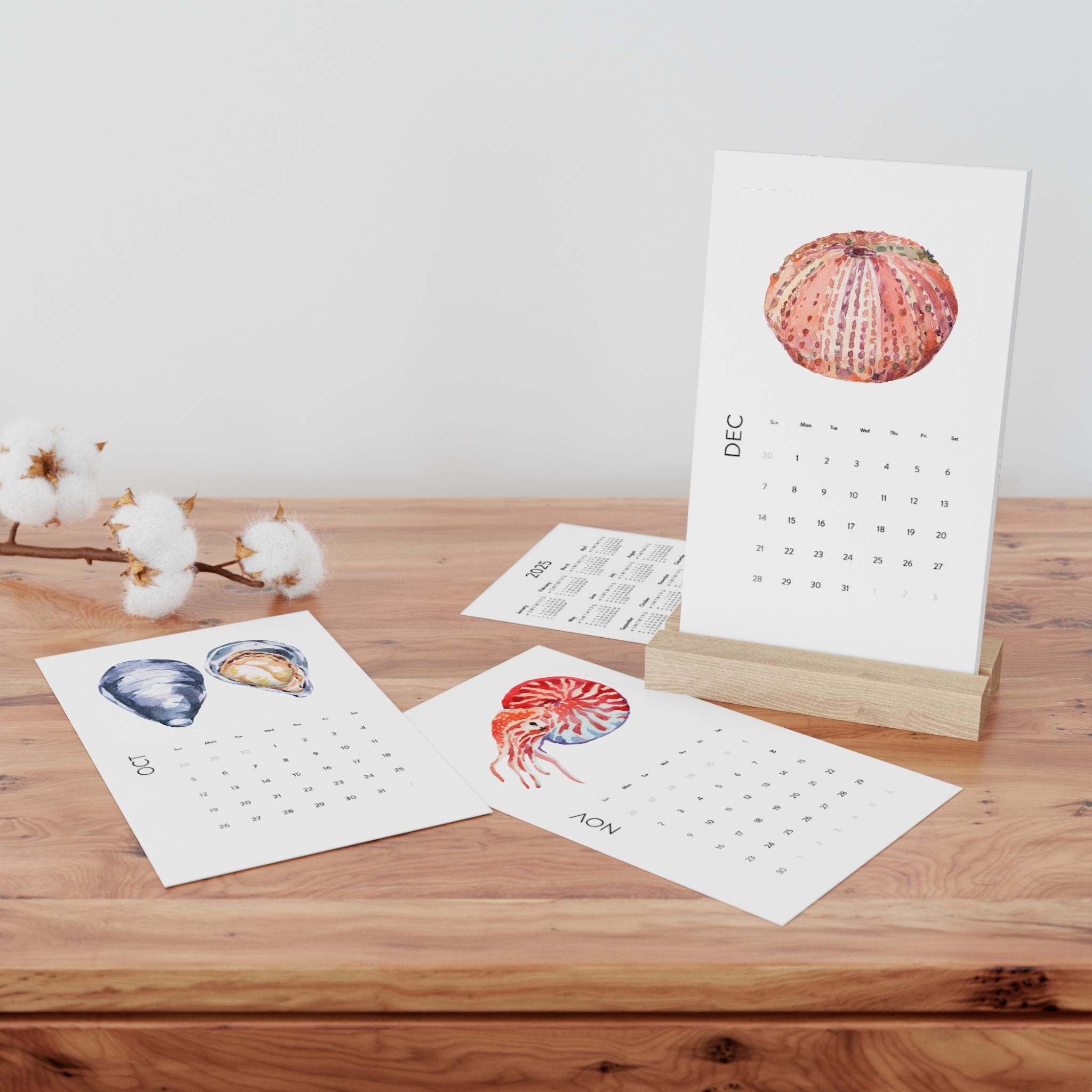 Desk Calendar, Watercolor Shell Monthly Planner, Calendar with stand, Desk Accessories, Office Organizer, Home Decor for office