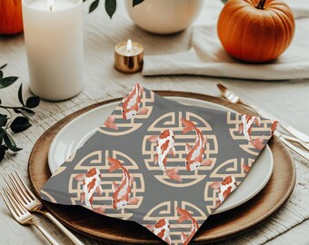 Koi Fish Design Gray Cloth Dinner Napkin, Set of 4, Table Linens, Kitchen Decor, Dining Accessories, dinner napkins
