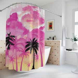 Tropical Sunset Shower Curtain, Colorful Bathroom Decor, Bohemian Style, Beachhouse Theme, Home Oasis Accessory, Vibrant coastal curtain,