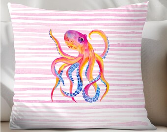 Cuscino a forma di polpo rosa / Fodera per cuscino a righe con motivo costiero