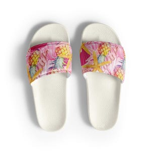 Pineapple Island themed pink Women&#39;s slides, beach apparel, Womens fun sandals, coastal chic slides, pink sandals