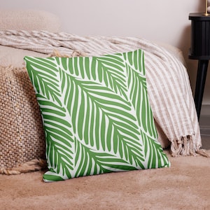 Green palm leaf motif double sided Premium Pillow, Coastal design pillows, Tropical Botanical pillows