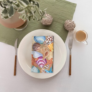 Shell Design Napkins, Set of 4 - Beach House Kitchen Decor, Coastal Cloth Dinner Napkins, Seashell Table Linens, Summer Dining Accessories,
