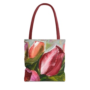 Pink Tulips Tote Bag, Floral Reusable Grocery Bag, Bright Flower Market Tote, Spring Eco-Friendly Shopping Bag, Mother&#39;s Day Gift