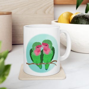 Love Birds Ceramic Mug, Cute Green Bird Couple Coffee Cup, Animal Lover Gift, Birdwatcher Present, Nature Inspired Tea Mug, Bird Watching