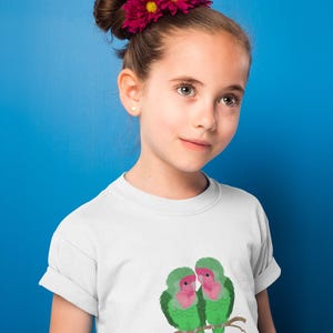 Love Birds Kids Tee, Green Bird Design Shirt, Cuddling Birds Youth Top, Animal Lover Children&#39;s T-Shirt, Nature Theme Graphic Tee, Wildlife