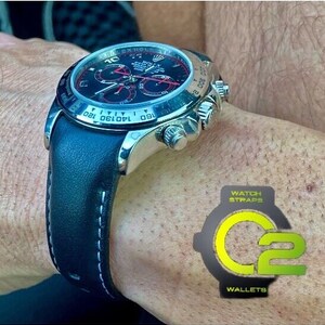 20mm black calfskin leather curved (fitted) band strap fits rolex daytona