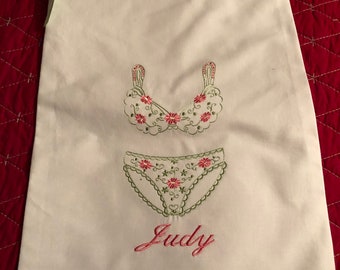 Lingerie Bag Embroidered Personalized Monogrammed  Fancy Bridal Shower Gift Seamist and Pink