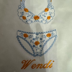 May include: White fabric with blue and yellow embroidered lingerie. The word "Wendi" is embroidered in yellow below the lingerie.