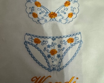 Embroidered Personalized Lingerie Bag for Travel Light Blue and Golden Rod