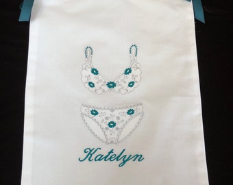 Lingerie Bag Embroidered Personalized Monogrammed   Grey with Teal