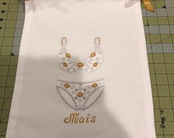 Lingerie Bag Embroidered Personalized Monogrammed  Bridal Shower Gift Gold and Silver