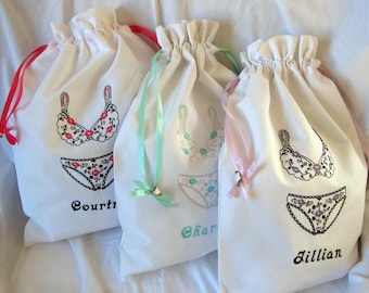 Embroidered Personalized French Lingerie Travel Laundry Bag Three Colors to choose from  Wedding Shower, Bridesmaids