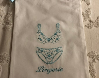 Lingerie Bag Embroidered Personalized Monogrammed  Blue! LINGERIE embroidered at bottom