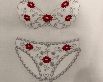 Lingerie Bag Embroidered Personalized Monogrammed (or not)  Bridal Shower Gift Grey and Red