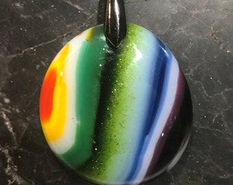 Fused Glass Pendant with ribbon necklace: Rainbow Tumble