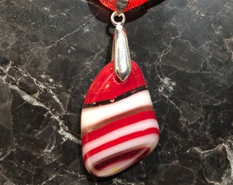 Fused Glass Pendant with ribbon necklace: Red and White Tumble