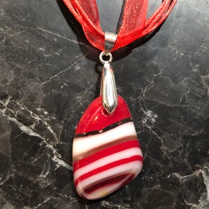 Fused Glass Pendant with ribbon necklace: Red and White Tumble image 1