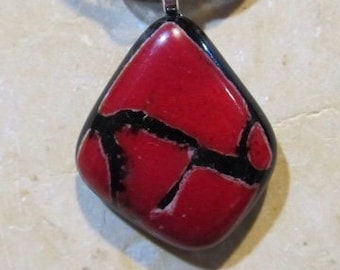 Fused Glass Pendant with ribbon necklace: Red Crackle