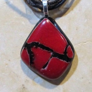 Fused Glass Pendant with ribbon necklace: Red Crackle image 1