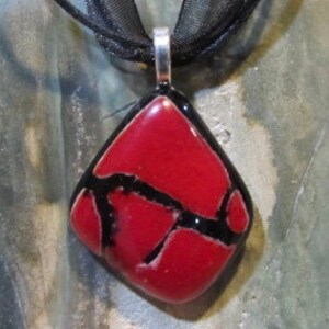 Fused Glass Pendant with ribbon necklace: Red Crackle image 4
