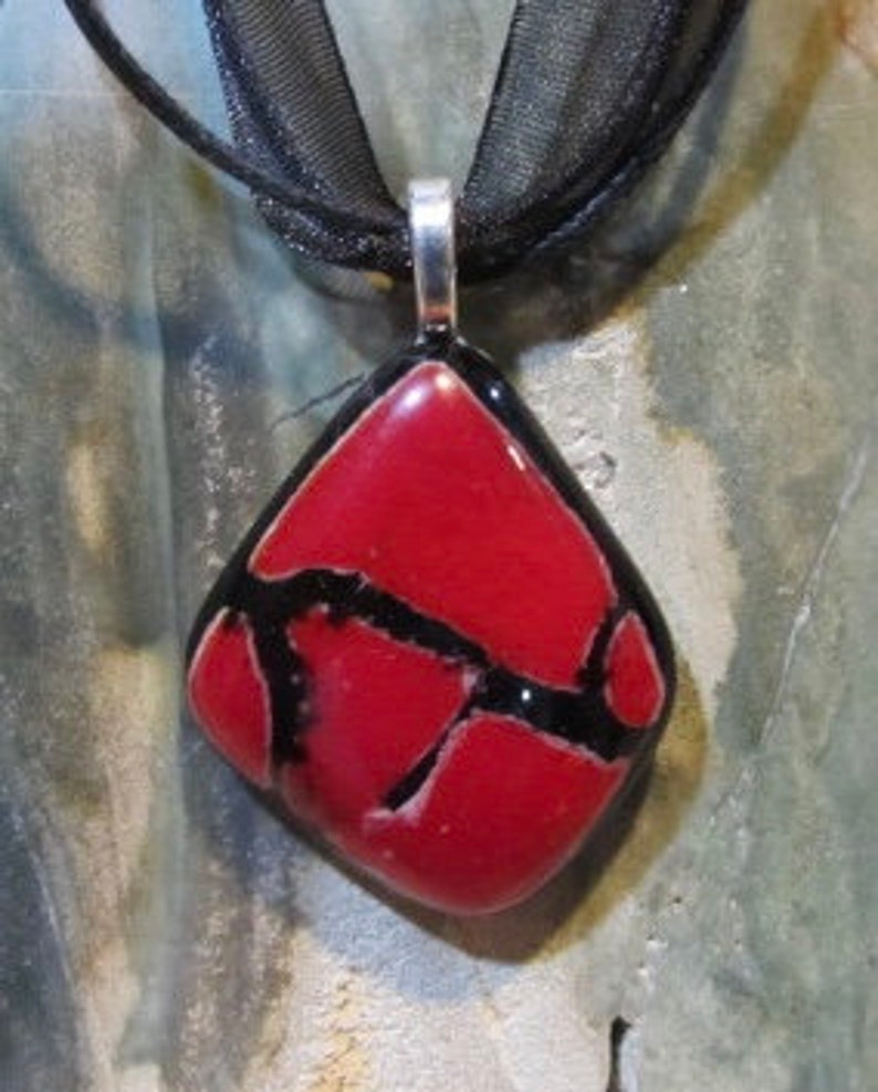 Fused Glass Pendant with ribbon necklace: Red Crackle image 4